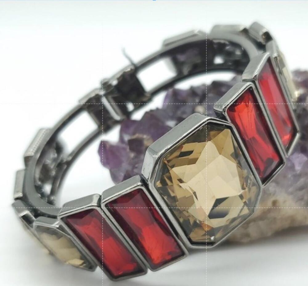 Cache Red Light Brown Rhinestone Hinged Bracelet Silver Tone Statement Cuff M-L